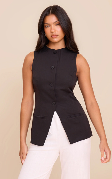  Prettylittlething Black Button Up Sleeveless Waistcoat 