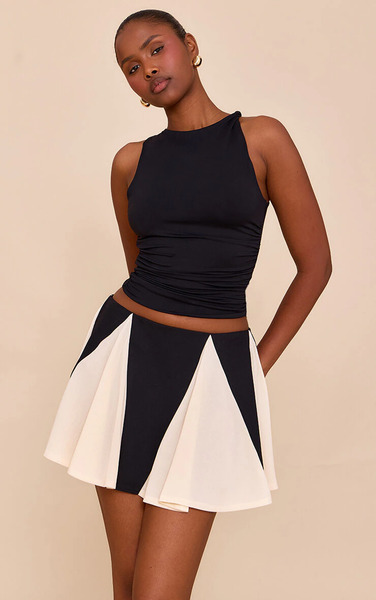  Prettylittlething Black Chiffon Contrast Godet Mini Skirt 