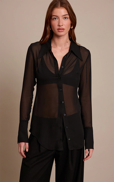  Prettylittlething Black Chiffon Oversized Collar Button Down Fitted Shirt 