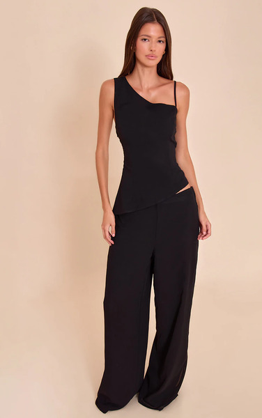  Prettylittlething Black Chiffon Straight Leg Trouser 