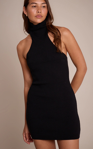  Prettylittlething Black Compact Knit Halterneck Mini Dress 