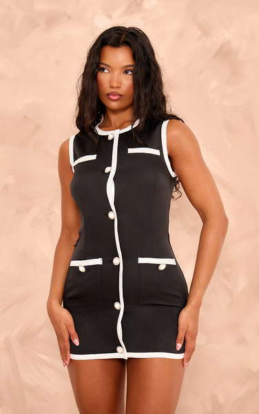 Prettylittlething Black Contrast Detailed Pearl Button Woven Playsuit 