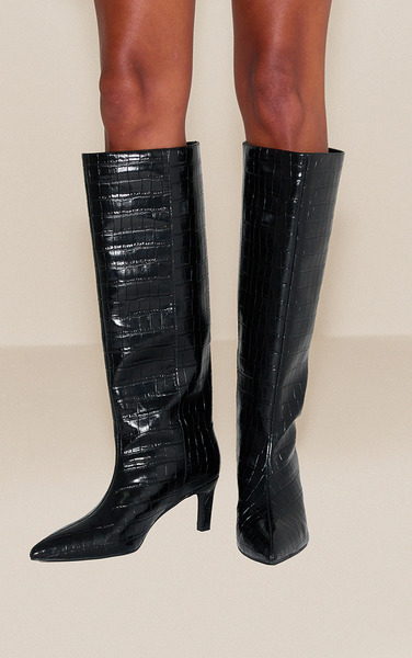  Prettylittlething Black Croc Kitten Heel Knee High Boot 