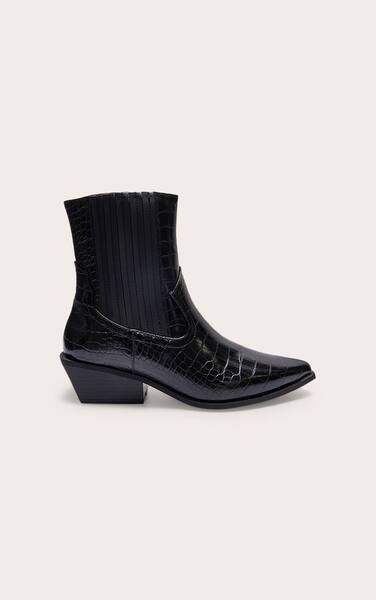 Prettylittlething Black Croc Pu Point Toe Low Block Heel Western Ankle Boots 