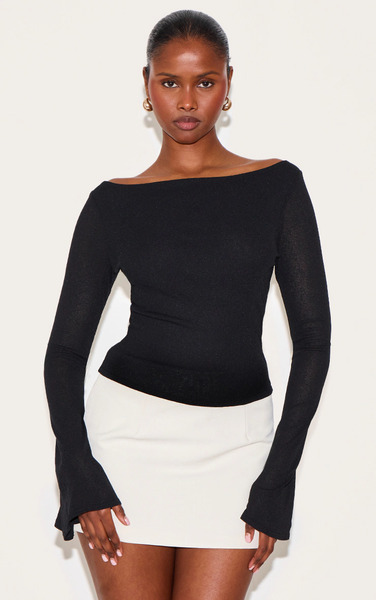  Prettylittlething Black Double Layer Burn Out Mesh Flared Sleeve Top 