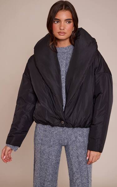  Prettylittlething Black Exaggerated Collar Shell Puffer Jacket 