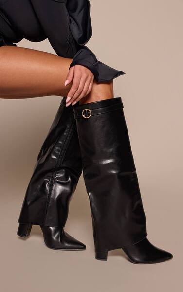  Prettylittlething Black Faux Leather Block Heel Foldover Buckle Boot 