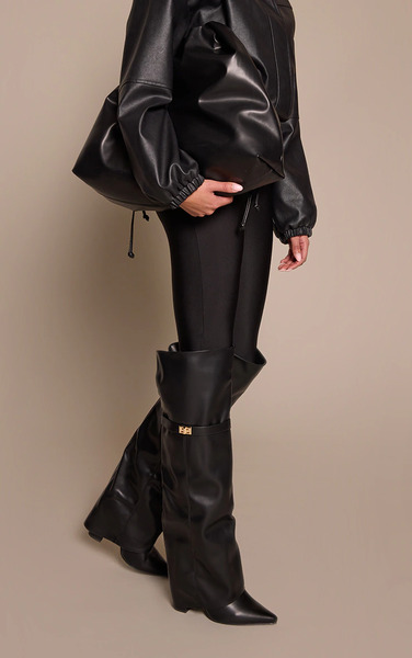  Prettylittlething Black Faux Leather Block Heel Over The Knee Boots 