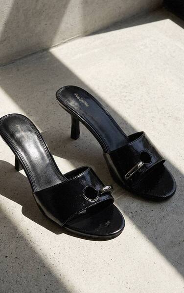  Prettylittlething Black Faux Leather Cut Out Ring Detail Mid Heeled Mules 