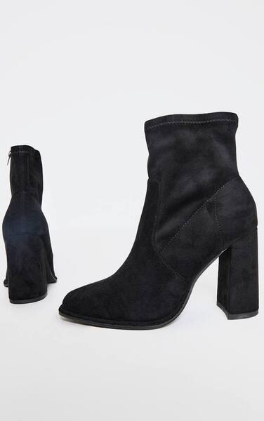  Prettylittlething Black Faux Suede Round Toe High Block Stiletto Heeled Boots 