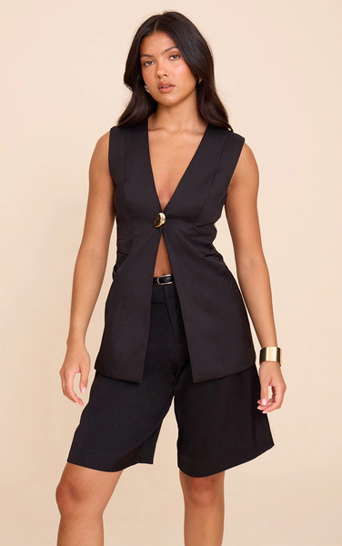  Prettylittlething Black Hardware Collarless Waistcoat 
