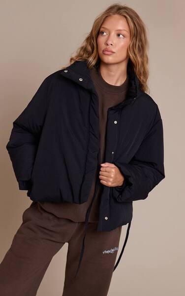  Prettylittlething Black High Neck Tie Waist Quilted Puffer Jacket 