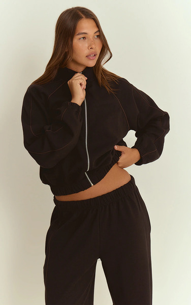  Prettylittlething Black Interlock Contrast Piping Bomber Sweatshirt 