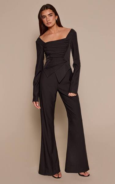 Prettylittlething Black Long Sleeve Square Neck Ruched Jumpsuit 