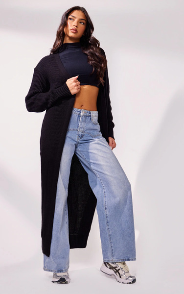 Prettylittlething Black Maxi Knitted Cardigan Sweater 