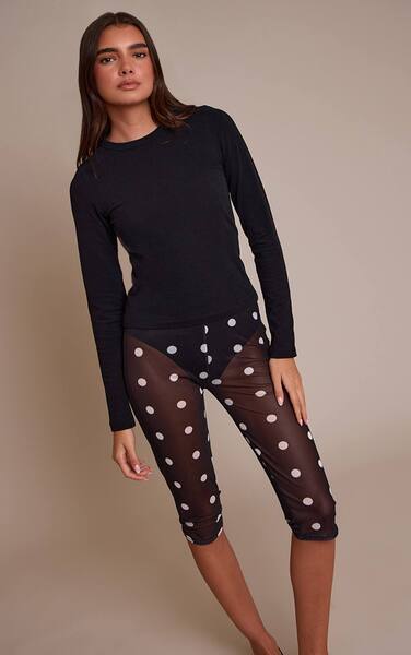  Prettylittlething Black Mesh Polka Dot Capri Pants 