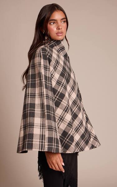  Prettylittlething Black Mono Checked Funnel Neck Wrap Coat 
