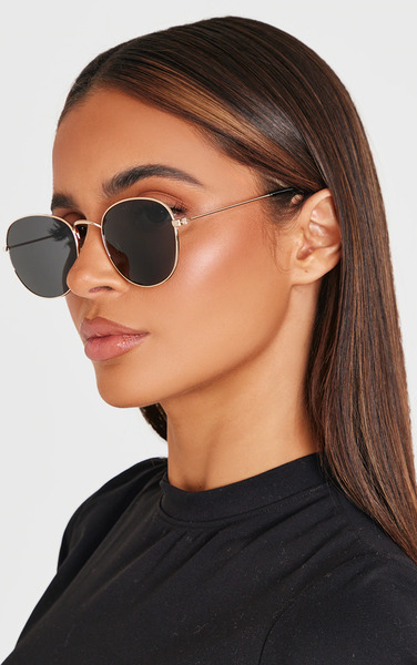  Prettylittlething Black On Gold Circular Sunglasses 