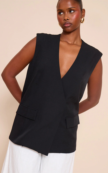  Prettylittlething Black Oversized Boxy Longline Waistcoat 