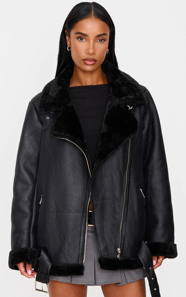  Prettylittlething Black Oversized Pu Aviator 