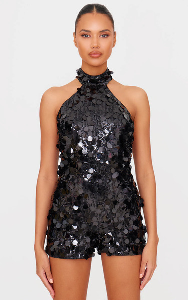  Prettylittlething Black Oversized Sequin High Neck Backless Playsuit 