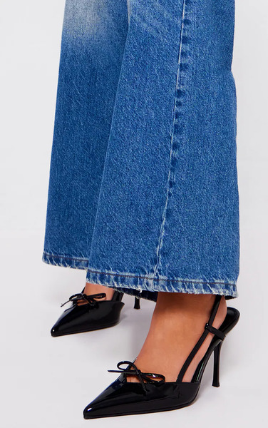  Prettylittlething Black Pu Patent Point Toe Bow Detail Mid Heel Courts 