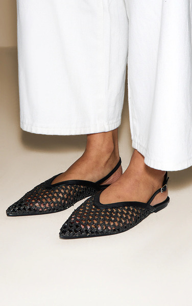 Prettylittlething Black Pu Point Toe Woven Sling Back Flats 