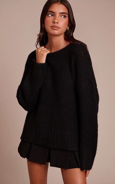  Prettylittlething Black Rib Detail Oversized Jumper 