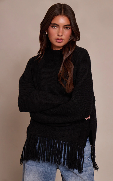  Prettylittlething Black Round Neck Fringe Hem Oversized Jumper 