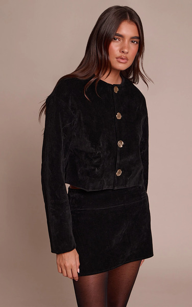  Prettylittlething Black Round Neck Gold Button Suede Jacket 