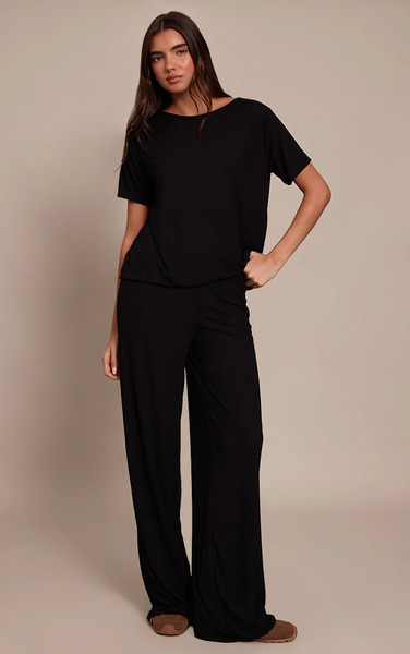  Prettylittlething Black Sheer Textured Wide Leg Trousers 