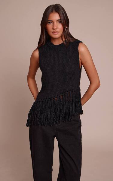  Prettylittlething Black Sleeveless Fringe Detail Knit Jumper 
