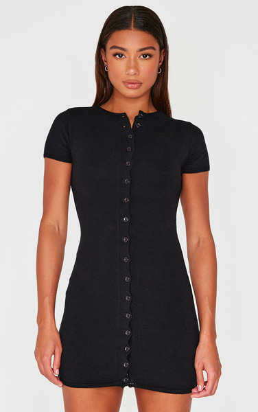  Prettylittlething Black Soft Knit Button Through Mini Dress 