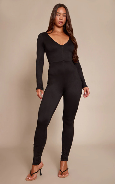  Prettylittlething Black Soft Touch Zip Up Jumpsuit 