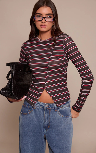 Prettylittlething Black Stripe Rib Asymmetric Button Down Top 