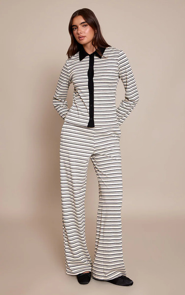  Prettylittlething Black Striped Contrast Straight Leg Slouchy Trousers 