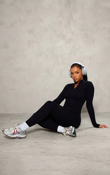  Prettylittlething Black Structured Contour Rib Zip Jumpsuit 