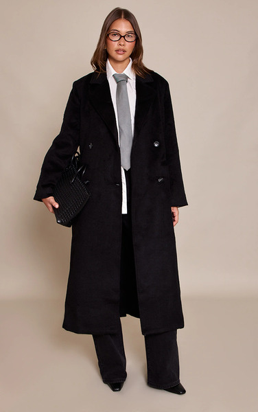  Prettylittlething Black Structured Double Breasted Wool Look Maxi Coat 