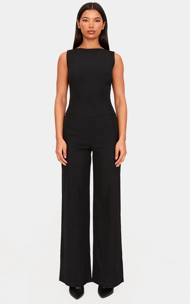  Prettylittlething Black Structured Woven Open Back Detail Straight Leg Jumpsuit 