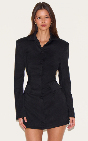  Prettylittlething Black Tailored Button Up Pocket Detail Mini Dress 