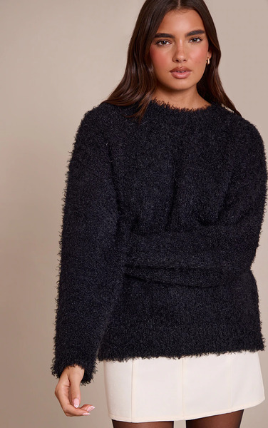 Prettylittlething Black Teddy Knit Oversized Jumper 