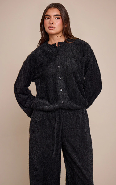  Prettylittlething Black Textured Button Up Long Sleeve Cardigan Sweater 