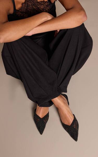  Prettylittlething Black Textured Mesh Slingback Court Heels 