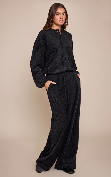  Prettylittlething Black Textured Wide Leg Drawstring Trousers 