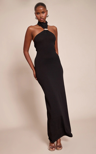  Prettylittlething Black Trim Halter Neck Knitted Maxi Dress 