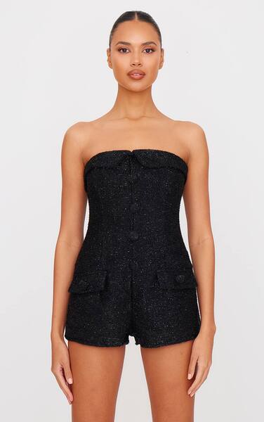  Prettylittlething Black Tweed Bandeau Button Detail Playsuit 