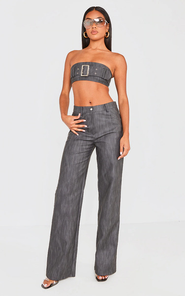  Prettylittlething Black Washed Faux Leather Belted Straight Leg Trousers 