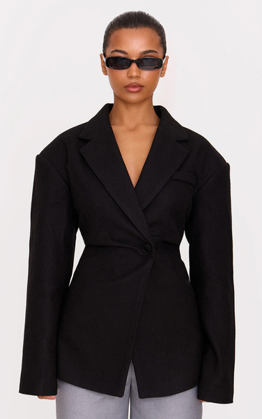  Prettylittlething Black Wool Look Cinched Blazer 