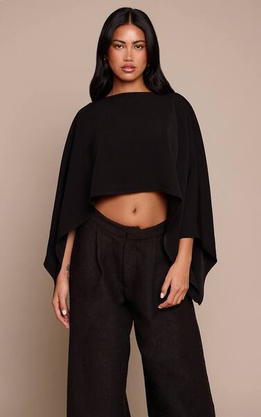  Prettylittlething Black Woven Cape Style Top 