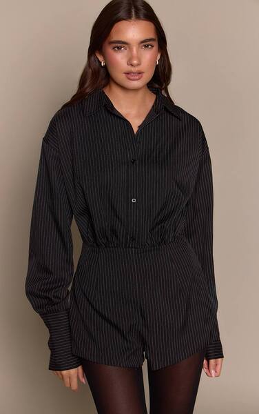  Prettylittlething Black Woven Pinstripe Long Sleeve Button Up Playsuit 